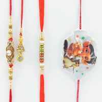 Meenakari Work and Mauli Thread Stunning Brother Rakhis with Ganesha Kid Rakhi and Diamond Lumba Rakhi