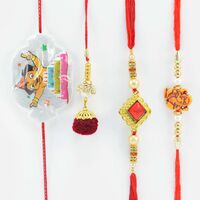 Red Square Stone Dotted and Ganesha Brother Rakhis with Soft Cotton Lumba and Kid Rakhi Set of 4