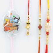 Two Nice Looking Fine Work Brother Rakhis with Chhota Bheem Character Kid Rakhi and One Lumba Rakhi for Bhabhi