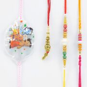 Two Thread Rakhi for Brother with Chhota Bheem Character Kid Rakhi and Hanging Leaf Lumba Rakhi Set of n4