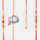Rudraksha and Reflecting Glass Thread Rakhis for Brothers and One Lumba and One Doremon Kid Rakhi Set of 4