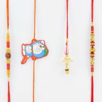Rudraksha and Reflecting Glass Thread Rakhis for Brothers and One Lumba and One Doremon Kid Rakhi Set of 4