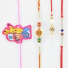 Flower on White Base with Jewel Liner Brother Rakhis with Lumba and Pokémon Kid Rakhi Set of 4