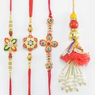 Flower Shapes Red Shaded Three Bhai Rakhis with One Beaded Red Lumba Rakhi for Bhabhi
