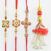 Flower Shapes Red Shaded Three Bhai Rakhis with One Beaded Red Lumba Rakhi for Bhabhi