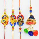 Rakhi Set of 4 Which Includes Three Peacock Design Brother Rakhis with Matching Color Bhabhi Rakhi
