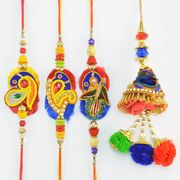 Rakhi Set of 4 Which Includes Three Peacock Design Brother Rakhis with Matching Color Bhabhi Rakhi