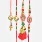 Meenakari Work and Peacock Pattern Pair of 2 Brother and 2 Lumba Attractive Rakhis Set of 4