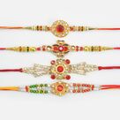 Kundan Crafted Meena Work and Jewel Studded Marvelous Rakhi Hamper of 4 Bhai Rakhis