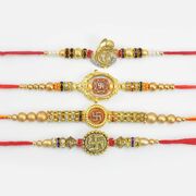 Marvelous Hamper of Swastika and Sacred Ganesha Gold Color Rakhi for 4 Brothers