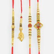 Pair of Golden Bhaiya Bhabhi Rakhis with Two Auspicious Rudraksha and Om Thread Rakhi for Brothers