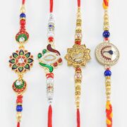 Set of 4 Nice Looking Rakhis of Kundan Meena Work and Pearl Auspicious Om Rakhi