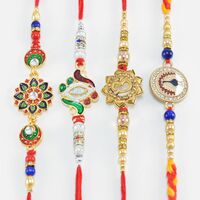 Set of 4 Nice Looking Rakhis of Kundan Meena Work and Pearl Auspicious Om Rakhi