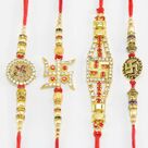 Hamper of 4 Stunning Jewel Swastika Rakhi Set for Loving Brothers 