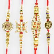 Hamper of 4 Stunning Jewel Swastika Rakhi Set for Loving Brothers 