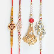 Diamond Studded Antique Bhaiya Bhabhi Rakhi Set with Two Om Brother Rakhis Set for Brothers
