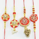 Flower on Red Base Circular Shape Beaded Dazzling Rakhi Set of 2 Bhaiya 2 Bhabhi Rakhis