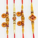 Two Swastika and Two Om Written Auspicious Thread and Sandalwood Rakhis Set of 4