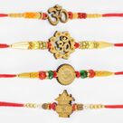 Divine Kalash and Om Pattern New Collection of Sandalwood Rakhis Set of 4