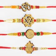 Divine Kalash and Om Pattern New Collection of Sandalwood Rakhis Set of 4