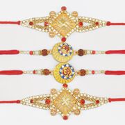 Swastika Jewel Rakhi and Om Beads 4 Brother Rakhis Set