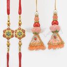 Two Flower Shape Brother Rakhis and Two Zardosi Work Pink Color Lumba Rakhi Set of 4