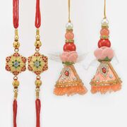 Two Flower Shape Brother Rakhis and Two Zardosi Work Pink Color Lumba Rakhi Set of 4