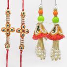 Two Blue Stone Studded Jewel Brother Rakhi with Two Lumba Bhabhi Rakhi Set of 4