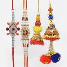 Jewel Studded and Flower Shape Brother Rakhi with Rich Looking Marvelous 2 Lumba Rakhis Set of 4