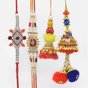 Jewel Studded and Flower Shape Brother Rakhi with Rich Looking Marvelous 2 Lumba Rakhis Set of 4