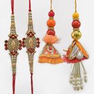 Pearl and Jewel Studded Two Brother Rakhis with Two Lumba Rakhis Set of 4