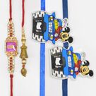 Auspicious Bhaiya and Bhabhi Rakhis Set with 2 Mickey Mouse Rakhis Set of Family