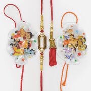 Capsule Shape Brother Rakhi with Bhabhi Rakhi and 2 Cartoon Character Kids Rakhis 