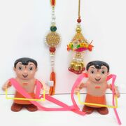 Family Rakhis Set of Bhaiya Bhabhi Rakhis with Walking Chhota Bheem Toy Rakhis
