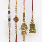 Newly Designed Stylish Mauli Thread Bhaiya Rakhis with Attractive Lumba Rakhis Set of 4