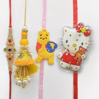 2 Kids Rakhi for Girl and Boy with Jewel Bhaiya and Zardosi Bhabhi Rakhi Set of 4