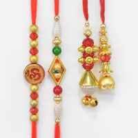 Om and Beads Two Brother Rakhis with Mauli Thread Lumba Rakhis Set of 4