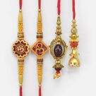 Divine God Om Rakhi for Brother with Two Elegant Lumba Rakhis Set of 4