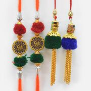 Sandalwood Type Divine Om Rakhi with Two Hanging Chain Lumba Rakhi Set of 4