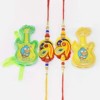 Two Guitar Toy Kid Rakhis with Two Peacock Shape Zardosi Brother Rakhis Set of 4