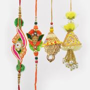 Rich Stunning Looking Hand Crafted Zardosi Rakhis Set for 2 Brother and 2 Bhabhi