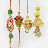 Rich Stunning Looking Hand Crafted Zardosi Rakhis Set for 2 Brother and 2 Bhabhi