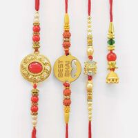 Three Amazing Looking Marvelous Mauli Thread Brother Rakhis with Single Lumba Rakhi