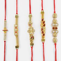 Designer Golden Beads and Diamond Rakhi Set of 5