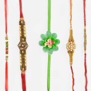 Marvelous Ganesha Flower Rakhi with Sandalwood Beads Rakhi Set of 5