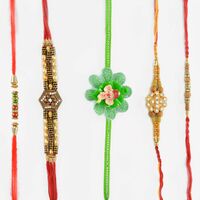 Marvelous Ganesha Flower Rakhi with Sandalwood Beads Rakhi Set of 5