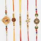 Auspicious and Peacock Linear Rakhi Set Of Five