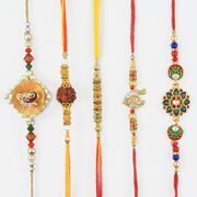 Auspicious and Peacock Linear Rakhi Set Of Five