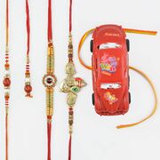 Golden Ganesha And Floral Shap Rakhi Set with Kids Rakhis