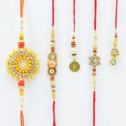 2 Pearl Rakhi with 2 Lumba and 1 Zardosi Rakhi Set of 5